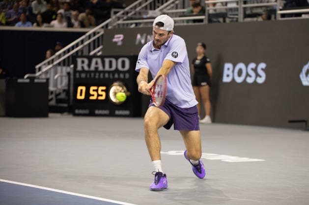 February 13, 2026, Frisco, Texas, USA: TOMMY PAUL (USA) uses a forehand during a menâ€⠢s singles match at 2026 Nexo Dallas Open at The Ford Center at The Star in Frisco, Texas. Miomir Kecmanovic advances to the quarterfinals after defeating Tommy Paul, 5:7, 6:4, 6:4. Tennis 2026: Dallas Open: Paul 5:7, 6:4, 6:4 Kecmanovic - ZUMAh193 20260213_zsp_h193_003 Copyright: xDanielxMcGregor-Huyerx