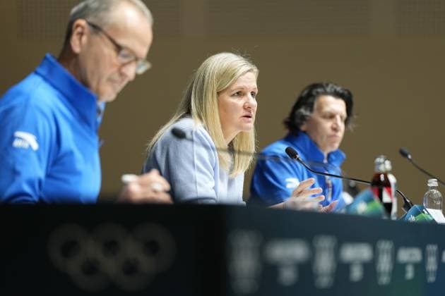Milan Cortina Olympics: IOC president International Olympic Committee President Kirsty Coventry (2nd from L) holds a press conference, PK, Pressekonferenz at the main press center of the Milan Cortina Olympics in Milan on Feb. 13, 2026.  A14AA0005278112P