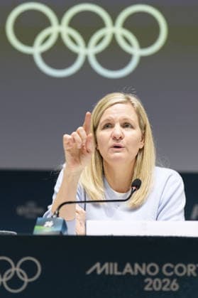 Milan Cortina Olympics: IOC president International Olympic Committee President Kirsty Coventry holds a press conference, PK, Pressekonferenz at the main press center of the Milan Cortina Olympics in Milan on Feb. 13, 2026.  A14AA0005278114P