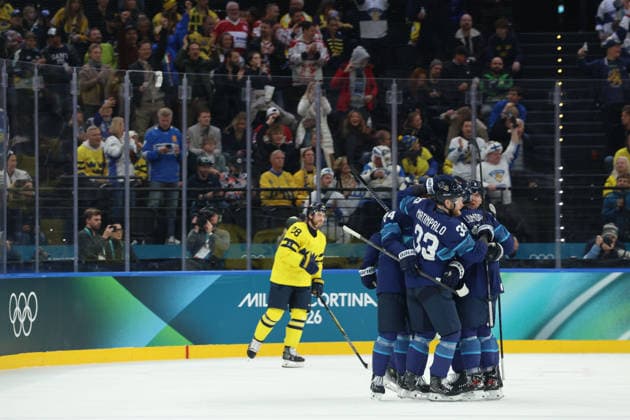 February 13, 2026, Milan, Lombardy, Italy: NIKOLAS MATINPALO 33 of Finland celebrates scoring his side s first goal assisted by Kaapo Kakko 84 in the Preliminary Round Group B game between Team Finland and Team Sweden at the Milano Cortina 2026 Olympic Games, Olympische Spiele, Olympia, OS Milan Italy - ZUMAc179 20260213_oly_c179_029 Copyright: xMickaelxChavetx