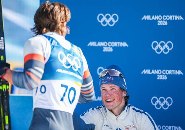 ITALY, TESERO - FEBRUARY 13, 2026: AIN athlete Savelii Korostelev (L) from Russia and Johannes Hoesflot Klaebo of Norway are seen after the men s 10km interval start free race at Tesero Cross-Country Stadium during the 2026 Winter Olympic Games, Olympische Spiele, Olympia, OS 2026 Winter Olympics: Cross-Country Skiing  - ZUMAt113 20260213_zaa_t113_104 Copyright: xPeterxKovalevx