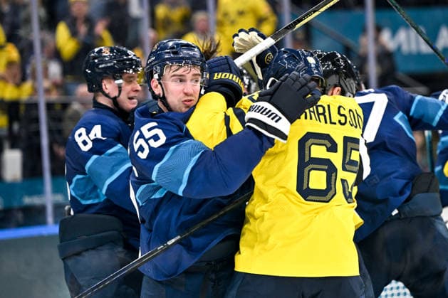 MILAN, ITALY - FEBRUARY 13: Rasmus Ristolainen of Finland and Erik Karlsson of Sweden in a fight during the Men™s Prelim Round match between Finland and Sweden on day seven of the Milano Cortina 2026 Winter Olympic Games, Olympische Spiele, Olympia, OS at Milano Santagiulia IHO Arena on February 13, 2026 in Milan, Italy. Milan Milano Santagiulia IHO Arena Italy *** MILAN, ITALY FEBRUARY 13 Rasmus Ristolainen of Finland and Erik Karlsson of Sweden in a fight during the Men™s Prelim Round match between Finland and Sweden on day seven of the Milano Cortina 2026 Winter Olympic games at Milano Santagiulia IHO Arena on February 13, 2026 in Milan, Italy Milan Milano Santagiulia IHO Arena Italy Copyright: xJustPictures.ch AndreaxBrancax jp-en-EuSpIm-AB-AAB_224013022026