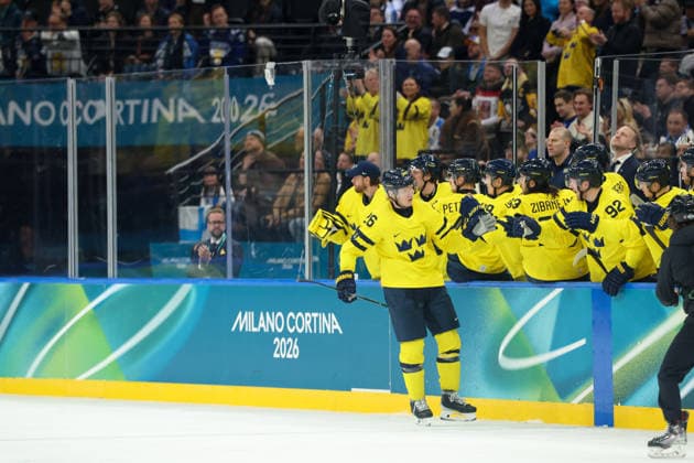 February 13, 2026, Milan, Lombardy, Italy: RASMUS DAHLIN 26 of Sweden celebrates scoring his side s first goal assisted by William Nylander in the Preliminary Round Group B game between Team Finland and Team Sweden at the Milano Cortina 2026 Olympic Games, Olympische Spiele, Olympia, OS Milan Italy - ZUMAc179 20260213_oly_c179_067 Copyright: xMickaelxChavetx