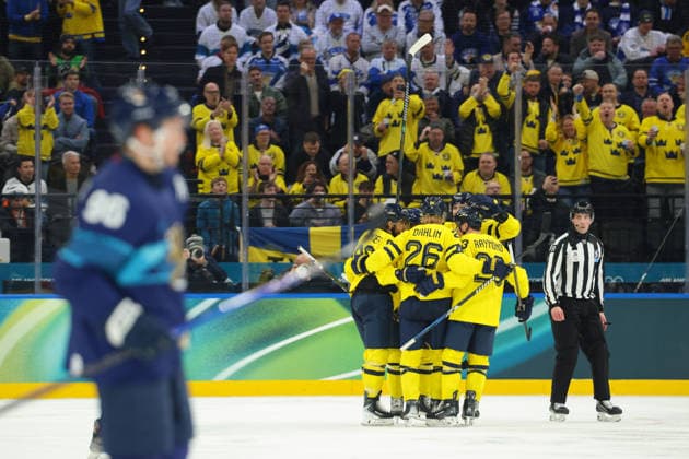 February 13, 2026, Milan, Lombardy, Italy: RASMUS DAHLIN 26 of Sweden celebrates scoring his side s first goal assisted by William Nylander in the Preliminary Round Group B game between Team Finland and Team Sweden at the Milano Cortina 2026 Olympic Games, Olympische Spiele, Olympia, OS Milan Italy - ZUMAc179 20260213_oly_c179_071 Copyright: xMickaelxChavetx