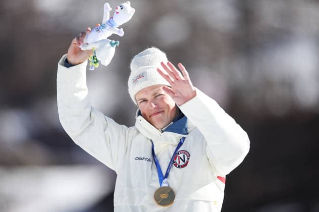 ITALY, TESERO - FEBRUARY 13, 2026: Johannes Hoesflot Klaebo of Norway celebrates his gold medal for the men s 10km interval start free race at Tesero Cross-Country Stadium during the 2026 Winter Olympic Games, Olympische Spiele, Olympia, OS Peter Kovalev TASS  88634611