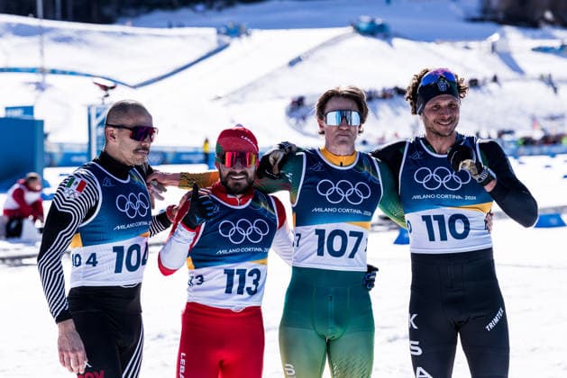 TESERO, ITALY - FEBRUARY 13: Allan Corona (Mexico), Samer Tawk (Libanon), Matthew Smith (South Africa) and Rakan Alireza (Saudi-Arabia) posing together after finishing the Cross-Country Skiing Men s 10km Interval Start Free at the Milano Cortina 2026 Olympics at Tesero Cross-Country Skiing Stadium on day 7 of the Milano Cortina 2026 Olympics on February 13, 2026 in Cortina, Italy. Editorial use only. Italy Copyright: xSteffiexWunderlx
