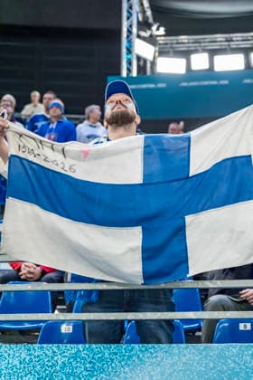 February 13, 2026, Milan, Lombardy, Italy: Fans cheer on their team during the Team Slovakia Vs Team Finland Group A match at the Milano Santagiulia Ice hockey, Eishockey Arena in MILAN, Italy for the 2026 Milano Cortina Winter Olympics. Team Finland wins the game, 4:1 Milan Italy - ZUMAa161 20260213_oly_a161_022 Copyright: xWalterxG.xArcex