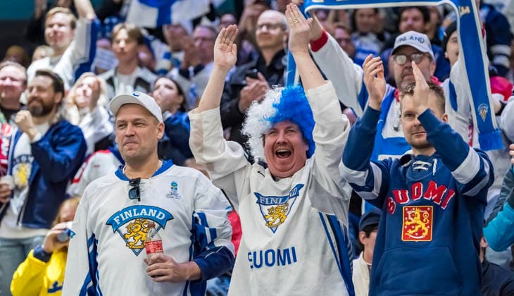 February 13, 2026, Milan, Lombardy, Italy: Fans cheer on their team during the Team Slovakia Vs Team Finland Group A match at the Milano Santagiulia Ice hockey, Eishockey Arena in MILAN, Italy for the 2026 Milano Cortina Winter Olympics. Team Finland wins the game, 4:1 Milan Italy - ZUMAa161 20260213_oly_a161_028 Copyright: xWalterxG.xArcex