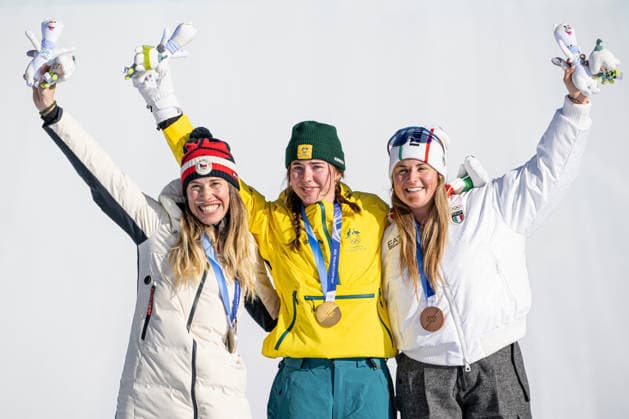 XXV Winter Olympic Games, Olympische Spiele, Olympia, OS in Livigno, Italy, on February 13, 2026. Women s Snowboard Cross. On the podium from left: Eva Adamczykova from Czech Republic, Josie Baff from Australia and Michela Moioli from Italy. (CTKxPhoto DavidxTanecek) CTKPhotoP2026021306673  CTKPhotoP2026021306673
