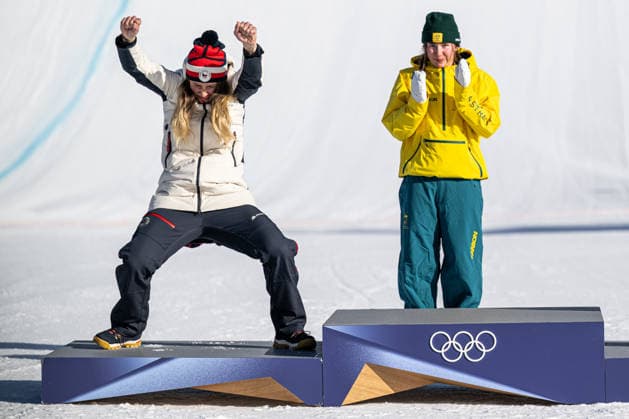 XXV Winter Olympic Games, Olympische Spiele, Olympia, OS in Livigno, Italy, on February 13, 2026. Women s Snowboard Cross. On the podium from left: second Eva Adamczykova from Czech Republic and first Josie Baff from Australia. (CTKxPhoto DavidxTanecek) CTKPhotoP2026021306794  CTKPhotoP2026021306794