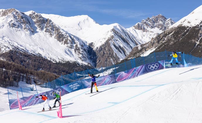 OLYMPICS - Winter Olympic Games, Olympische Spiele, Olympia, OS Milano Cortina 2026 LIVIGNO,ITALY,13.FEB.26 - OLYMPICS, SNOWBOARD - Winter Olympic Games Milano Cortina 2026, Snowboard Cross, women, final. Image shows Lea Casta (FRA), Pia Zerkhold (AUT), Jana Fischer (GER) and Sofia Groblechner (ITA).  GEPAxpictures xHaraldxSteiner
