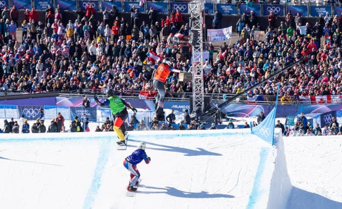 OLYMPICS - Winter Olympic Games, Olympische Spiele, Olympia, OS Milano Cortina 2026 LIVIGNO,ITALY,13.FEB.26 - OLYMPICS, SNOWBOARD - Winter Olympic Games Milano Cortina 2026, Snowboard Cross, women, final. Image shows Pia Zerkhold (AUT), Jana Fischer (GER) and Karolina Hrusova (CZE).  GEPAxpictures xHaraldxSteiner