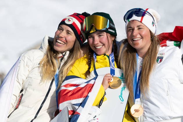 OLYMPICS - Winter Olympic Games, Olympische Spiele, Olympia, OS Milano Cortina 2026 LIVIGNO,ITALY,13.FEB.26 - OLYMPICS, SNOWBOARD - Winter Olympic Games Milano Cortina 2026, Snowboard Cross, women medal ceremony. Image shows Eva Adamczykova (CZE), Josie Baff (AUS) and Michela Moioli (ITA). Keywords: medal.  GEPAxpictures xWolfgangxGrebien
