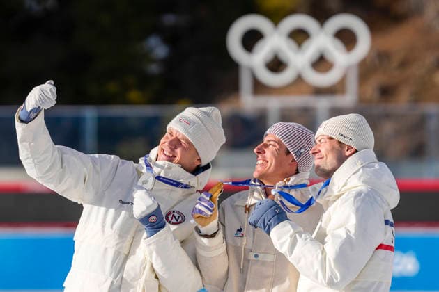 Winter Olympics in Milan Cortina 2026 Milan, Italy 20260213. Silver medalist Vetle Sjaastad Christiansen, gold medalist Quentin Fillon Maillet from France and bronze medalist Sturla Holm Laegreid take a selfie on the podium after the men s 10 km sprint in biathlon during the Milan Cortina 2026 Winter Olympics. Photo: Heiko Junge NTB Milano Italy EDITORIAL USE ONLY. RESTRICTED USE FOR BETTING COMPANIES Ref:_SPOHtwGDVx644I.jpg *** Winter Olympics in Milan Cortina 2026 Milan, Italy 20260213 Silver medalist Vetle Sjaastad Christiansen, gold medalist Quentin Fillon Maillet from France and bronze medalist Sturla Holm Laegreid take a selfie on the podium after the men s 10 km sprint in biathlon during the Milan Cortina 2026 Winter Olympics Photo Heiko Junge NTB Milano Italy EDITORIAL USE ONLY RESTRICTED USE FOR BETTING COMPANIES  Copyright: xHeikoxJungex xNTBx