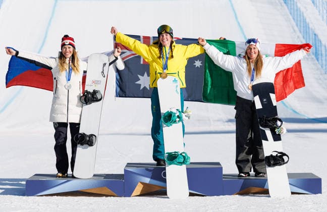OLYMPICS - Winter Olympic Games, Olympische Spiele, Olympia, OS Milano Cortina 2026 LIVIGNO,ITALY,13.FEB.26 - OLYMPICS, SNOWBOARD - Winter Olympic Games Milano Cortina 2026, Snowboard Cross, women, final, medal ceremony. Image shows Eva Adamczykova (CZE), Josie Baff (AUS) and Michela Moioli (ITA). Keywords: medals.  GEPAxpictures xHaraldxSteiner