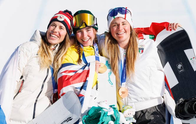 OLYMPICS - Winter Olympic Games, Olympische Spiele, Olympia, OS Milano Cortina 2026 LIVIGNO,ITALY,13.FEB.26 - OLYMPICS, SNOWBOARD - Winter Olympic Games Milano Cortina 2026, Snowboard Cross, women, final, medal ceremony. Image shows Eva Adamczykova (CZE), Josie Baff (AUS) and Michela Moioli (ITA). Keywords: medals.  GEPAxpictures xHaraldxSteiner
