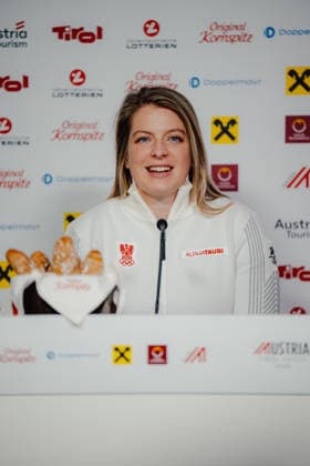 OLYMPICS - Winter Olympic Games, Olympische Spiele, Olympia, OS Milano Cortina 2026 CORTINA D AMPEZZO,ITALY,13.FEB.26 - OLYMPICS, BOBSLEIGH - Winter Olympic Games Milano Cortina 2026, monobob women, 2-man, press conference, PK, Pressekonferenz OEBSV, Austria House. Image shows Katrin Beierl (AUT) during an interview.  GEPAxpictures xAlexanderxSolc