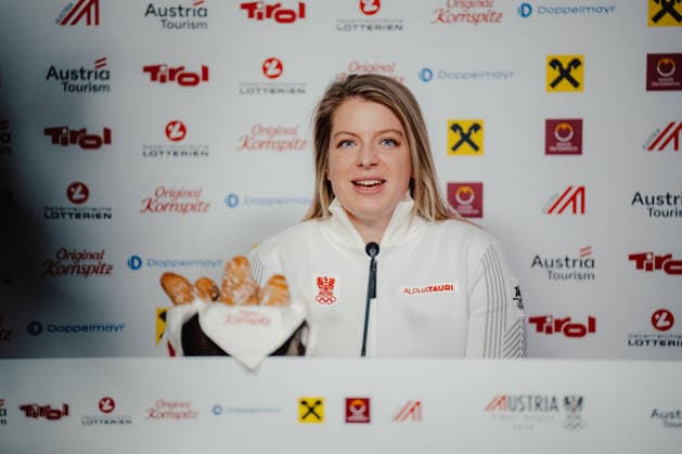 OLYMPICS - Winter Olympic Games, Olympische Spiele, Olympia, OS Milano Cortina 2026 CORTINA D AMPEZZO,ITALY,13.FEB.26 - OLYMPICS, BOBSLEIGH - Winter Olympic Games Milano Cortina 2026, monobob women, 2-man, press conference, PK, Pressekonferenz OEBSV, Austria House. Image shows Katrin Beierl (AUT) during an interview.  GEPAxpictures xAlexanderxSolc