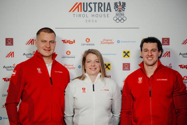 OLYMPICS - Winter Olympic Games, Olympische Spiele, Olympia, OS Milano Cortina 2026 CORTINA D AMPEZZO,ITALY,13.FEB.26 - OLYMPICS, BOBSLEIGH - Winter Olympic Games Milano Cortina 2026, monobob women, 2-man, press conference, PK, Pressekonferenz OEBSV, Austria House. Image shows Markus Treichl (AUT), Katrin Beierl (AUT) and Jakob Mandlbauer (AUT).  GEPAxpictures xAlexanderxSolc