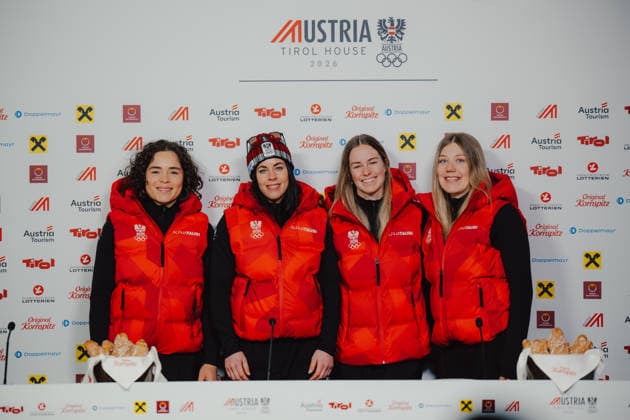 OLYMPICS - Winter Olympic Games, Olympische Spiele, Olympia, OS Milano Cortina 2026 CORTINA D AMPEZZO,ITALY,13.FEB.26 - OLYMPICS, ALPINE SKIING - Winter Olympic Games Milano Cortina 2026, giant slalom, women, press conference, PK, Pressekonferenz Ski Austria, Austria House. Image shows Julia Scheib (AUT), Stephanie Brunner (AUT), Nina Astner (AUT) and Lisa Hoerhager (AUT) .  GEPAxpictures xAlexanderxSolc