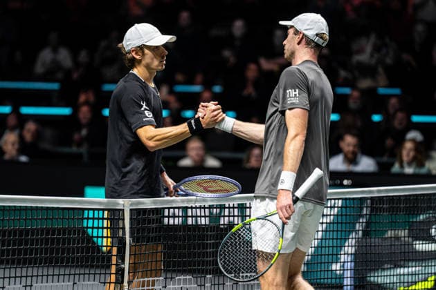 2026-02-13 ABN AMRO Open - Day Five ROTTERDAM, NETHERLANDS - FEBRUARY 13: Alex de Minaur, Botic van de Zandschulp shake hands after their match during Day Five of the ABN AMRO Open at Rotterdam Ahoy on February 13, 2026 in Rotterdam, Netherlands. (Photo by Gabriel Calvino Alonso BSR Agency) Rotterdam Netherlands Content not available for redistribution in The Netherlands directly or indirectly through any third parties. Copyright: xBSRxAgencyx