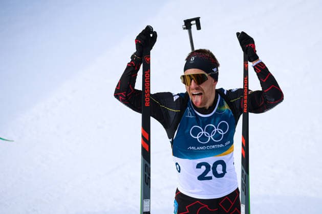 Antholz, Italien 13. Februar 2026: Biathlon Sprint Männer 10 km - Olympia 2026 Im Bild: David Zobel (GER) mit heraushängender Zunge. Anterselva Biathlon Arena *** Antholz, Italy 13 February 2026 Biathlon Sprint Men 10 km Olympia 2026 In the picture David Zobel GER with his tongue hanging out Anterselva Biathlon Arena Copyright: xFotostandx xHettichx