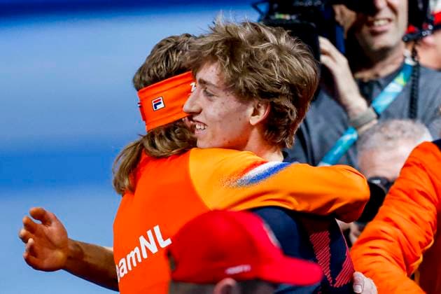 third Jorrit Bergsma of the Netherlands and winner Metodej Jilek of Czechia celebrates after Men s 10000m, Milano Cortina 2026 Winter Olympics: Day 7, Speed skating, Eisschnelllauf - Milano Cortina 2026 Winter Olympics: Day 7, Milano Speed Skating Stadium, February 13, 2026, Milan, Italy.