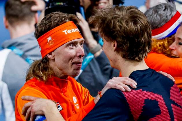 third Jorrit Bergsma of the Netherlands and winner Metodej Jilek of Czechia celebrates after Men s 10000m, Milano Cortina 2026 Winter Olympics: Day 7, Speed skating, Eisschnelllauf - Milano Cortina 2026 Winter Olympics: Day 7, Milano Speed Skating Stadium, February 13, 2026, Milan, Italy.