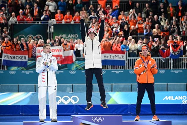 XXV Winter Olympic Games, Olympische Spiele, Olympia, OS in Milan, Italy, on February 13, 2026. Speed skating, Eisschnelllauf Men s 10000m. On the podium from left: Vladimir Semirunniy from Poland, Metodej Jilek from Czech Republic and Jorrit Bergsma from Netherlands. (CTKxPhoto MichalxKamaryt) CTKPhotoP2026021308772  CTKPhotoP2026021308772