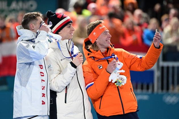 XXV Winter Olympic Games, Olympische Spiele, Olympia, OS in Milan, Italy, on February 13, 2026. Speed skating, Eisschnelllauf Men s 10000m. On the podium from left: Vladimir Semirunniy from Poland, Metodej Jilek from Czech Republic and Jorrit Bergsma from Netherlands. (CTKxPhoto MichalxKamaryt) CTKPhotoP2026021308843  CTKPhotoP2026021308843