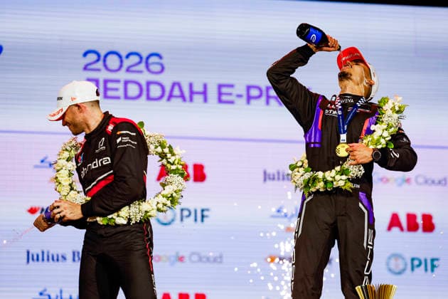 2026 FORMULA E JEDDAH ePRIX WEHRLEIN Pascal (ger), Porsche Formula E Team, Porsche 99X Electric, portrait, podium during the Jeddah ePrix, 4th and 5th round of the 2025-26 ABB FIA Formula E World Championship, WM, Weltmeisterschaft on the Jeddah Corniche Circuit from February 12 to 14, 2026 in Jeddah, Saudi Arabia - JeddahSaudi Arabia  Copyright: xJULIENxDELFOSSEx