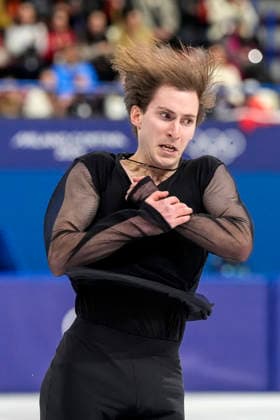 Nika Egadze of Georgia performs his routine during the Men s Single Figure skating, Eiskunstlauf Final at the Milano Figure Skating Arena in Milan, Italy on Friday, February 13, 2026. Egadze scored a 260.27.  OLY20260213414 RICHARDxELLIS