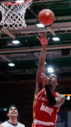Im Bild: Marcus Carr(Wuerzburg Baskets, 5) 13.02.2026, Fitness First Wuerzburg Baskets vs. MLP Academics Heidelberg, easyCredit BBL, 20. Spieltag, Deutschland, 97072, tectake-Arena Wuerzburg, Copyright: HMBxMedia xJulienxBecker
