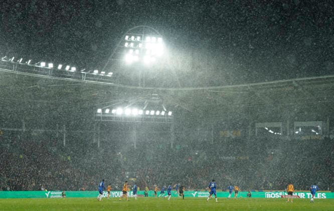 Kingston upon Hull, England, 13th February 2026. General view as the snow falls during the Hull City vs Chelsea FA Cup fourth round match at the MKM Stadium, Kingston upon Hull. Picture credit should read: Andrew Yates Sportimage EDITORIAL USE ONLY. No use with unauthorised audio, video, data, fixture lists, club league logos or live services. Online in-match use limited to 120 images, no video emulation. No use in betting, games or single club league player publications. SPI_025_AY_Hull_Chelsea SPI-4532-0024