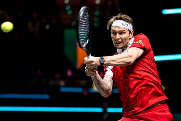 2026-02-13 ABN AMRO Open - Day Five ROTTERDAM, NETHERLANDS - FEBRUARY 13: Alexander Bublik competing during Day Five of the ABN AMRO Open at Rotterdam Ahoy on February 13, 2026 in Rotterdam, Netherlands. (Photo by Gabriel Calvino Alonso BSR Agency) Rotterdam Netherlands Content not available for redistribution in The Netherlands directly or indirectly through any third parties. Copyright: xBSRxAgencyx