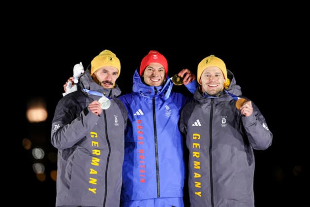 OLYMPICS - Winter Olympic Games, Olympische Spiele, Olympia, OS Milano Cortina 2026 CORTINA D AMPEZZO,ITALY,13.FEB.26 - OLYMPICS, SKELETON - Winter Olympic Games Milano Cortina 2026, heat 3 and 4, men, medal ceremony. Image shows Axel Jungk (GER), Matt Weston and Christopher Grotheer (GER). Keywords: medal.  GEPAxpictures xMaticxKlansek
