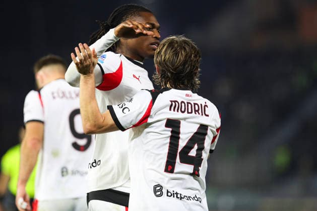 Luka Modric of AC Milan celebrates with Rafael Leao of AC Milan the goal of 1-2 scored during the serie A match between SC Pisa Calcio 1909 and AC Milan at Arena Garibaldi - Romeo Anconetani - Cetilar Arena Stadium in Pisa (Italy), February 13, 2026. massimilianoxcarnabuci