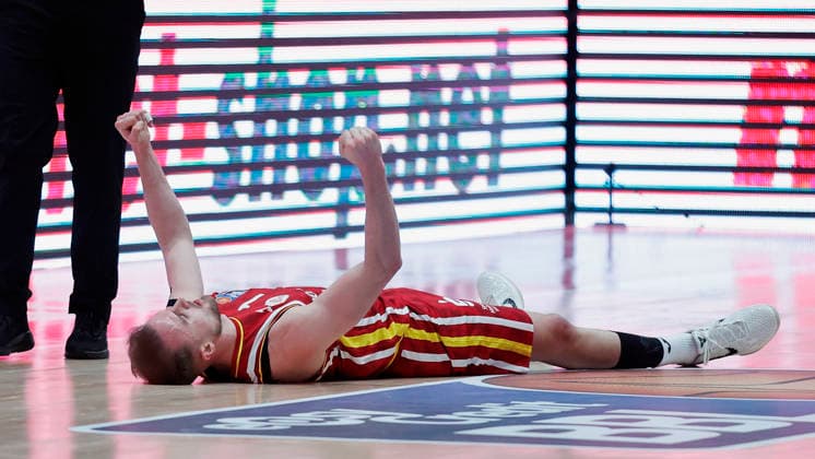 Im Bild: Jubel bei Lukas Herzog (Wuerzburg Baskets, 1) 13.02.2026, Fitness First Wuerzburg Baskets vs. MLP Academics Heidelberg, easyCredit BBL, 20. Spieltag, Deutschland, 97072, tectake-Arena Wuerzburg, Copyright: HMBxMedia xJulienxBecker