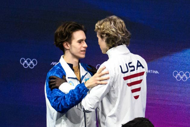 260213 Mikhail Shaidorov of Kazakhstan and Ilia Malinin of USA after men s single Figure skating, Eiskunstlauf during day 7 of the 2026 Winter Olympics on February 13, 2026 in Milan. Photo: Carl Sandin BILDBYRAN kod CS CS0877 konstakning figure skating kunstlop Olympic Games, Olympische Spiele, Olympia, OS olympics winter olympics os ol olympiska spel vinter-os olympiske leker milano cortina 2026 milan cortina 2026 milano cortina 2026 olympic games milano cortina 2026 winter olympic games milano cortina-os milano cortina-ol vinter-ol 7 bbeng *** 260213 Mikhail Shaidorov of Kazakhstan and Ilia Malinin of USA after men s single figure skating during day 7 of the 2026 Winter Olympics on February 13, 2026 in Milan Photo Carl Sandin BILDBYRAN kod CS CS0877 konstakning figure skating kunstlop olympic games olympics winter olympics os ol olympiska spel vinter os olympiske leker milano cortina 2026 milan cortina 2026 milano cortina 2026 olympic games milano cortina 2026 winter olympic games milano cortina os milano cortina ol vinter ol 7 bbeng  Copyright: CARLxSANDIN BB260213CS279