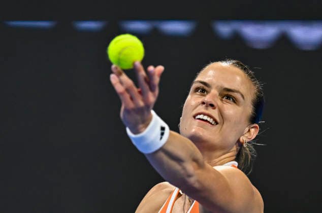 February 13, 2026, Doha, Qatar: Maria Sakkari of Greece plays against Karolina Muchova of the Czech Republic ( not in view) during their women s singles semifinal match at the WTA, Tennis Damen Qatar TotalEnergies Open 2026 tennis tournament at the Khalifa International Tennis Complex. .?? Karolina Muchova won against Maria Sakkari 3-6,6-4,6-1. Doha Qatar - ZUMAs197 20260213_aaa_s197_653 Copyright: xNoushadxVariyattiyakkalx