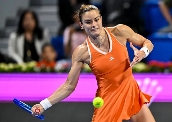 February 13, 2026, Doha, Qatar: Maria Sakkari of Greece plays against Karolina Muchova of the Czech Republic ( not in view) during their women s singles semifinal match at the WTA, Tennis Damen Qatar TotalEnergies Open 2026 tennis tournament at the Khalifa International Tennis Complex. .?? Karolina Muchova won against Maria Sakkari 3-6,6-4,6-1. Doha Qatar - ZUMAs197 20260213_aaa_s197_654 Copyright: xNoushadxVariyattiyakkalx
