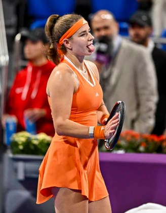 February 13, 2026, Doha, Qatar: Karolina Muchova of the Czech Republic celebrates after winning against Maria Sakkari of Greece ( not in view) in the women s singles semifinal match at the WTA, Tennis Damen Qatar TotalEnergies Open 2026 tennis tournament at the Khalifa International Tennis Complex. Karolina Muchova won against Maria Sakkari 3-6,6-4,6-1. Doha Qatar - ZUMAs197 20260213_aaa_s197_660 Copyright: xNoushadxVariyattiyakkalx
