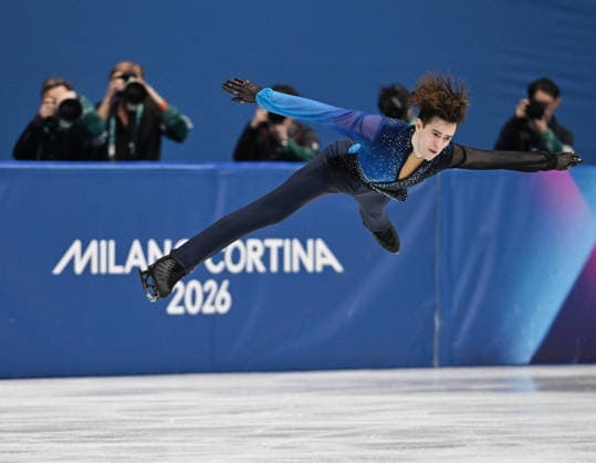 260213 -- MILAN, Feb. 13, 2026 -- Mikhail Shaidorov of Kazakhstan competes during the free skating of the men single skating match for Figure skating, Eiskunstlauf event at the Milan-Cortina 2026 Olympic Winter games, Winterspiele,Spiele, Summer games in Milan, Italy, Feb. 13, 2026. MICO2026ITALY-MILAN-OLYMPIC WINTER GAMES-FIGURE SKATING-MEN SINGLE SKATING-FREE SKATING ChengxMin  (MICO2026)ITALY-MILAN-OLYMPIC WINTER GAMES-FIGURE SKATING-MEN SINGLE SKATING-FREE SKATING IMAGO ChengxMin  imago images 0847569796