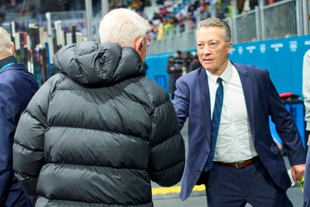 Head coach Harold Kreis of Germany Franz Reindl at the preliminary men Ice hockey, Eishockey match Group C Germany - Latvia of the Milano Cortina 2026 Winter Olympic Games, Olympische Spiele, Olympia, OS at Milano Rho Ice Hockey Arena on February 14, 2026 in Milan, Italy.