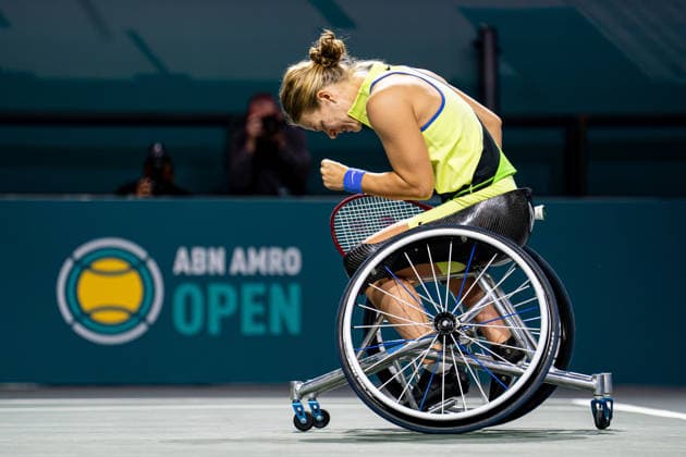 2026-02-14 ABN AMRO Open - Day Six ROTTERDAM, NETHERLANDS - FEBRUARY 14: Diede de Groot celebrates after winning the women???s weelchair single tournament during Day Six of the ABN AMRO Open at Rotterdam Ahoy on February 14, 2026 in Rotterdam, Netherlands. (Photo by Gabriel Calvino Alonso BSR Agency) Rotterdam Netherlands Content not available for redistribution in The Netherlands directly or indirectly through any third parties. Copyright: xBSRxAgencyx