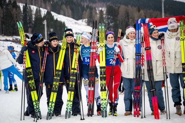 260214 Linn Svahn, Ebba Andersson, Frida Karlsson and Jonna Sundling of Sweden with Kristin Austgulen Fosnaes, Astrid oyre Slind, Karoline Simpson-Larsen and Heidi Weng of Norway after competing in the women s 4 x 7.5km relay cross-country skiing race during day 8 of the 2026 Winter Olympics on February 14, 2026 in Val di Fiemme. Photo: Maxim Thore BILDBYRAN kod MT MT0980 skidor cross-country skiing langrenn Olympic Games, Olympische Spiele, Olympia, OS olympics winter olympics os ol olympiska spel vinter-os olympiske leker milano cortina 2026 milan cortina 2026 milano cortina 2026 olympic games milano cortina 2026 winter olympic games milano cortina-os milano cortina-ol vinter-ol 8 bbeng stafett dam sverige norge *** 260214 Linn Svahn, Ebba Andersson, Frida Karlsson and Jonna Sundling of Sweden with Kristin Austgulen Fosnaes, Astrid oyre Slind, Karoline Simpson Larsen and Heidi Weng of Norway after competing in the women s 4 x 7 5km relay cross country skiing race during day 8 of the 2026 Winter Olympics on February 14, 2026 in Val di Fiemme Photo Maxim Thore BILDBYRAN kod MT MT0980 skidor cross country skiing langrenn olympic games olympics winter olympics os ol olympiska spel vinter os olympiske leker milano cortina 2026 milan cortina 2026 milano cortina 2026 olympic games milano cortina 2026 winter olympic games milano cortina os milano cortina ol vinter ol 8 bbeng relay dam sverige norge  Copyright: MAXIMxTHORE BB260214MT028
