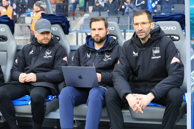 DEU, DFL, 2. FBL, Hertha BSC vs. Hannover 96, 14.02.2026, Berliner Olympiastadion, Berlin, DEU, DFL, 2. FBL, Hertha BSC vs. Hannover 96, im Bild Co-Trainer Andre Mijatovic (Hertha BSC Berlin), Co-Trainer Patrick Ebert (Hertha BSC Berlin) DFL - regulations prohibit any use of Photographs as image sequences and or quasi-video