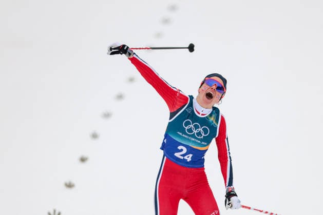 OLYMPICS - Winter Olympic Games, Olympische Spiele, Olympia, OS Milano Cortina 2026 TESERO,ITALY,14.FEB.26 - OLYMPICS, NORDIC SKIING, CROSS COUNTRY SKIING - Winter Olympic Games Milano Cortina 2026, 4X7.5km relay, women, medal ceremony. Image shows the rejoicing of Heidi Weng (NOR).  GEPAxpictures xMatthiasxTrinkl