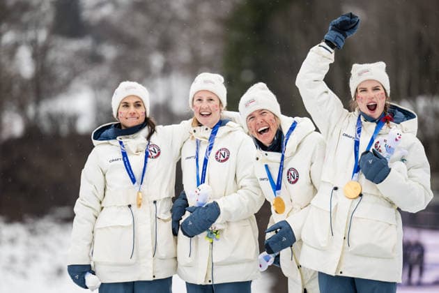 260214 Kristin Austgulen Fosnaes, Astrid oyre Slind, Karoline Simpson-Larsen and Heidi Weng of Norway celebrate with their gold medals after competing in the women s 4 x 7.5km relay cross-country skiing race during day 8 of the 2026 Winter Olympics on February 14, 2026 in Val di Fiemme. Photo: Joel Marklund BILDBYRAN kod JM MT0980 skidor cross-country skiing langrenn Olympic Games, Olympische Spiele, Olympia, OS olympics winter olympics os ol olympiska spel vinter-os olympiske leker milano cortina 2026 milan cortina 2026 milano cortina 2026 olympic games milano cortina 2026 winter olympic games milano cortina-os milano cortina-ol vinter-ol 8 bbeng stafett dam jubel norge guld gold gull *** 260214 Kristin Austgulen Fosnaes, Astrid oyre Slind, Karoline Simpson Larsen and Heidi Weng of Norway celebrate with their gold medals after competing in the women s 4 x 7 5km relay cross country skiing race during day 8 of the 2026 Winter Olympics on February 14, 2026 in Val di Fiemme Photo Joel Marklund BILDBYRAN kod JM MT0980 skidor cross country skiing langrenn olympic games olympics winter olympics os ol olympiska spel vinter os olympiske leker milano cortina 2026 milan cortina 2026 milano cortina 2026 olympic games milano cortina 2026 winter olympic games milano cortina os milano cortina ol vinter ol 8 bbeng stafett dam jubel norge guld gold gull  Copyright: JOELxMARKLUND BB260214JM067