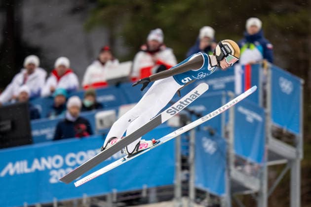 OLYMPICS - Winter Olympic Games, Olympische Spiele, Olympia, OS Milano Cortina 2026 PREDAZZO,ITALY,14.FEB.26 - OLYMPICS, Ski jumping, Skispringen, Ski, nordisch - Winter Olympic Games Milano Cortina 2026, large hill, women, training. Image shows Nika Prevc (SLO) in front of the judges tower.  GEPAxpictures xOliverxLerch